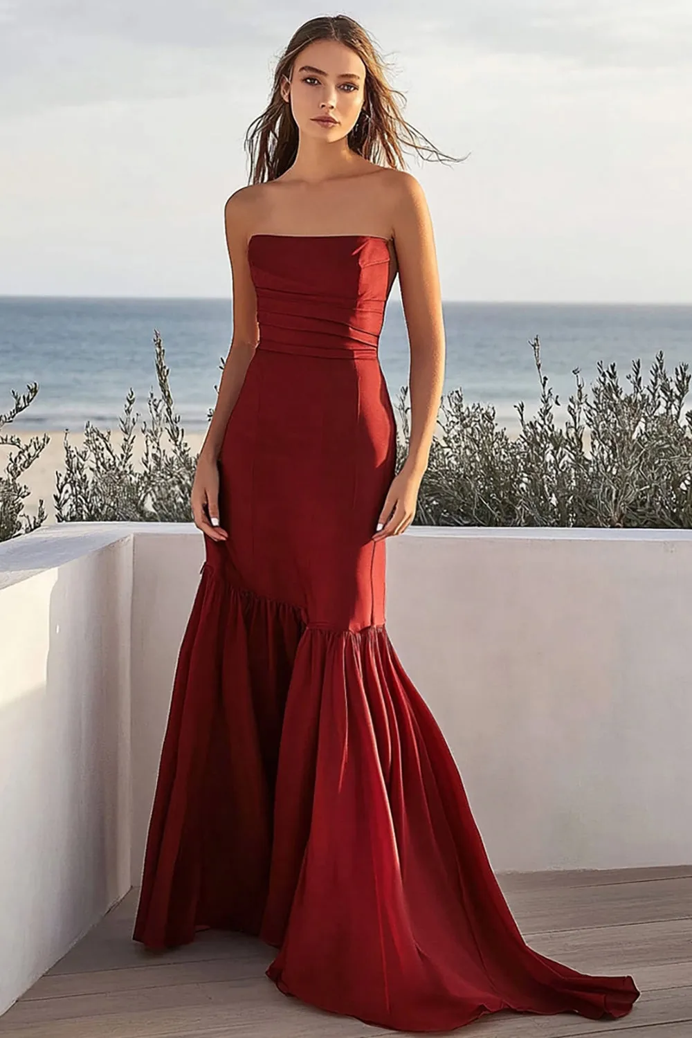 Burgundy Mermaid Strapless Satin Long Wedding Guest Dress sold by Zapaka