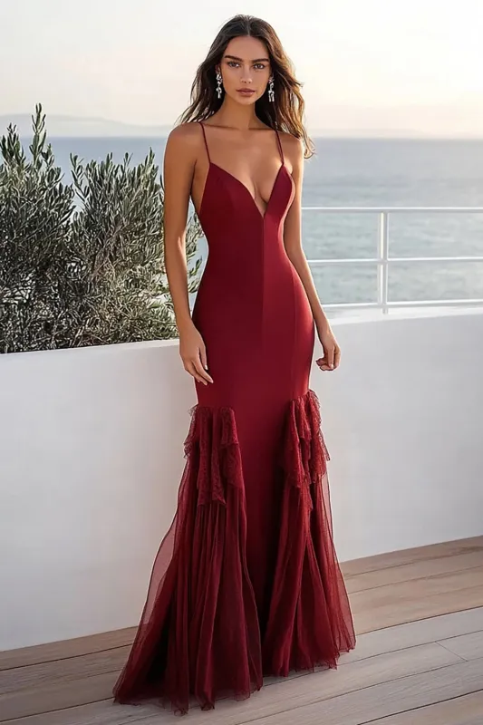 Burgundy Mermaid Chiffon Spaghetti Straps Wedding Guest Dress sold by Zapaka
