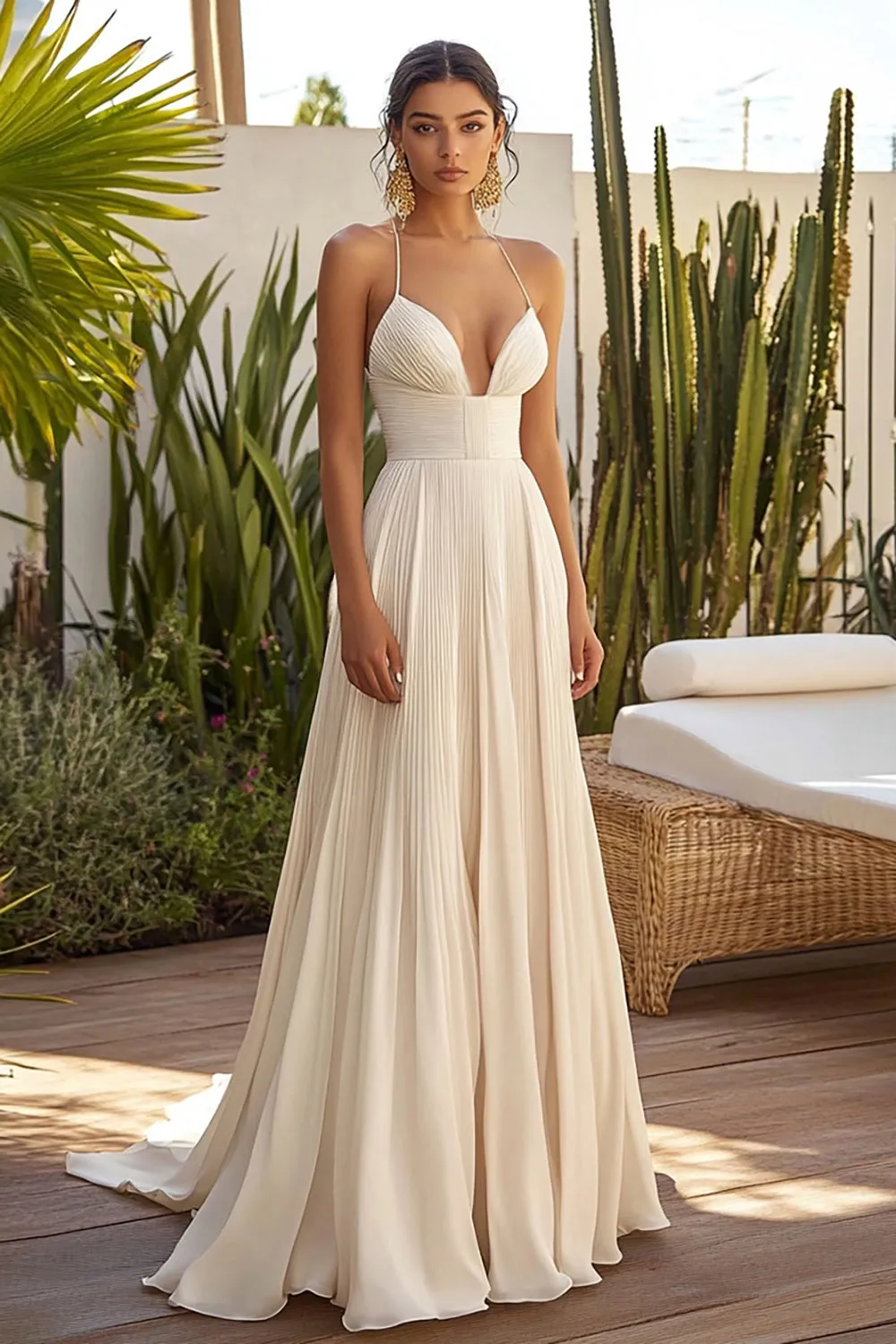 Champagne Pleated Spaghetti Straps Long Wedding Guest Dress sold by Zapaka
