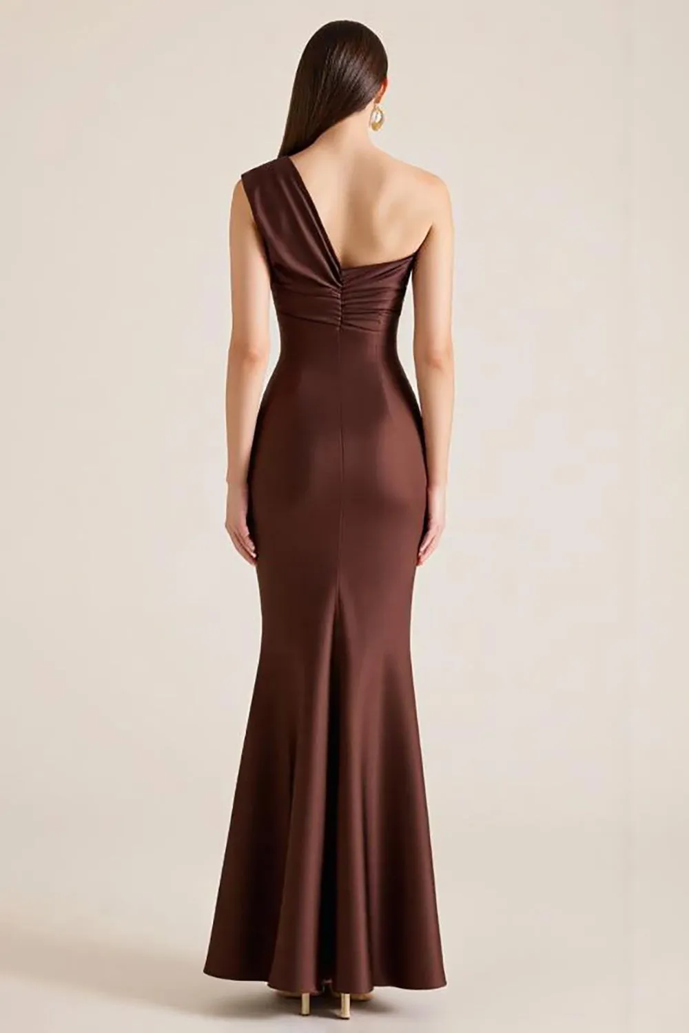 One Shoulder Dark Brown Mermaid Satin Wedding Guest Dress sold by Zapaka product image thumbnail 2