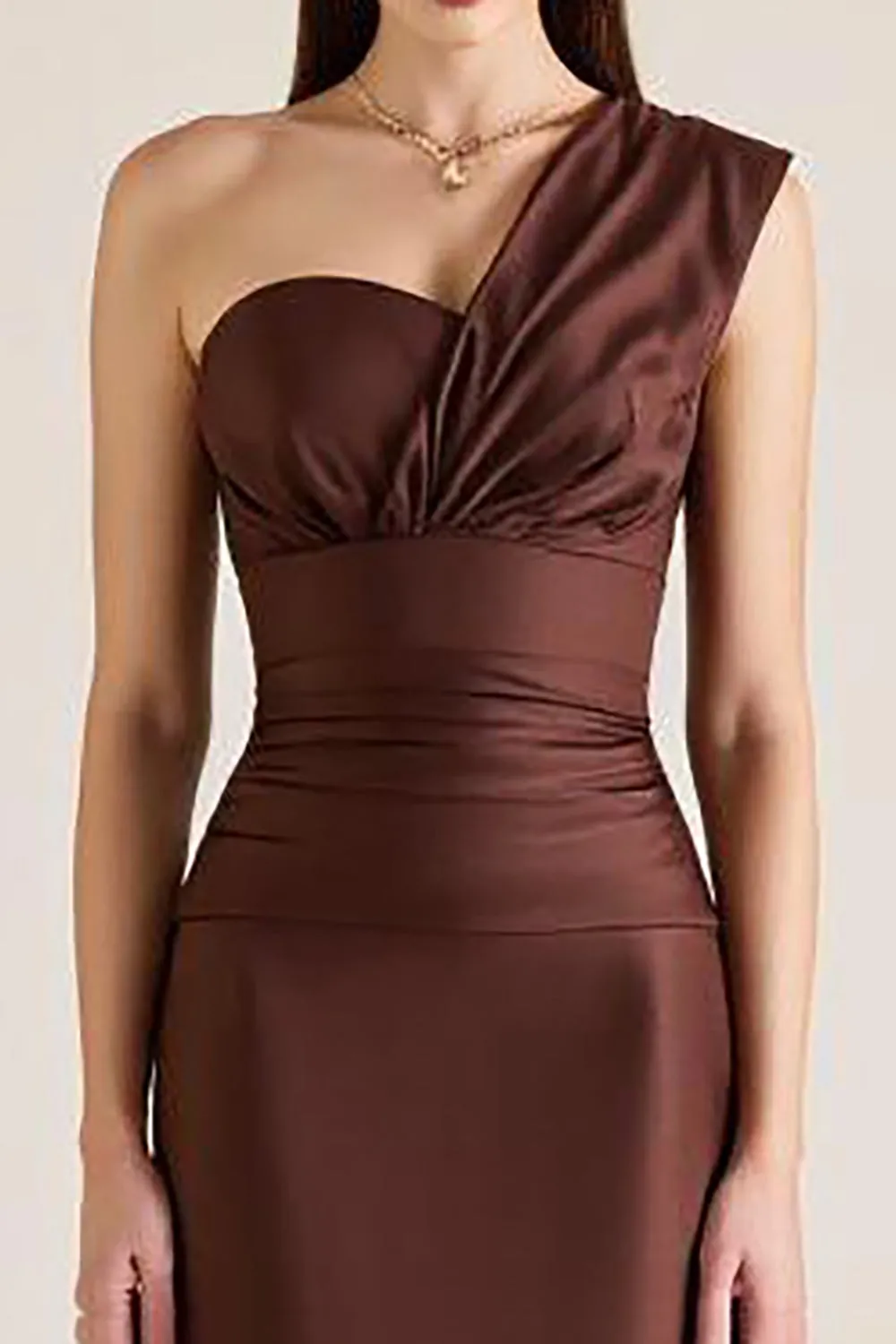 One Shoulder Dark Brown Mermaid Satin Wedding Guest Dress sold by Zapaka product image thumbnail 3