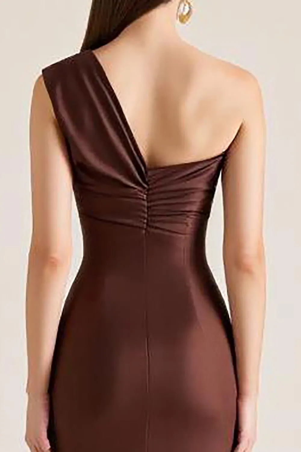 One Shoulder Dark Brown Mermaid Satin Wedding Guest Dress sold by Zapaka product image thumbnail 4