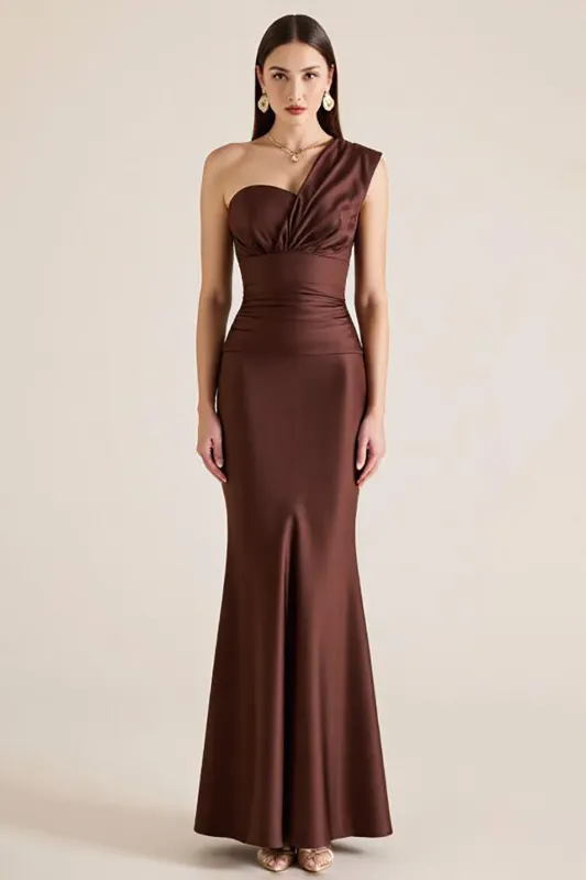 One Shoulder Dark Brown Mermaid Satin Wedding Guest Dress sold by Zapaka