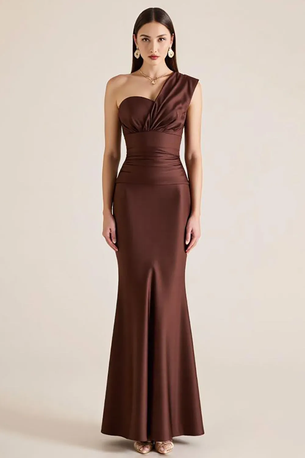 One Shoulder Dark Brown Mermaid Satin Wedding Guest Dress sold by Zapaka