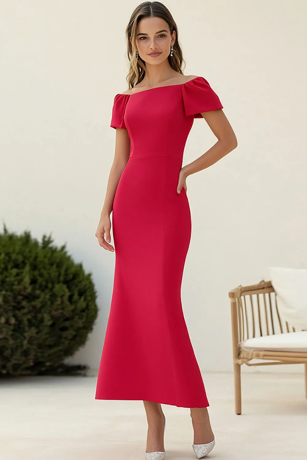 Red Mermaid Off The Shoulder Wedding Guest Dress sold by Zapaka