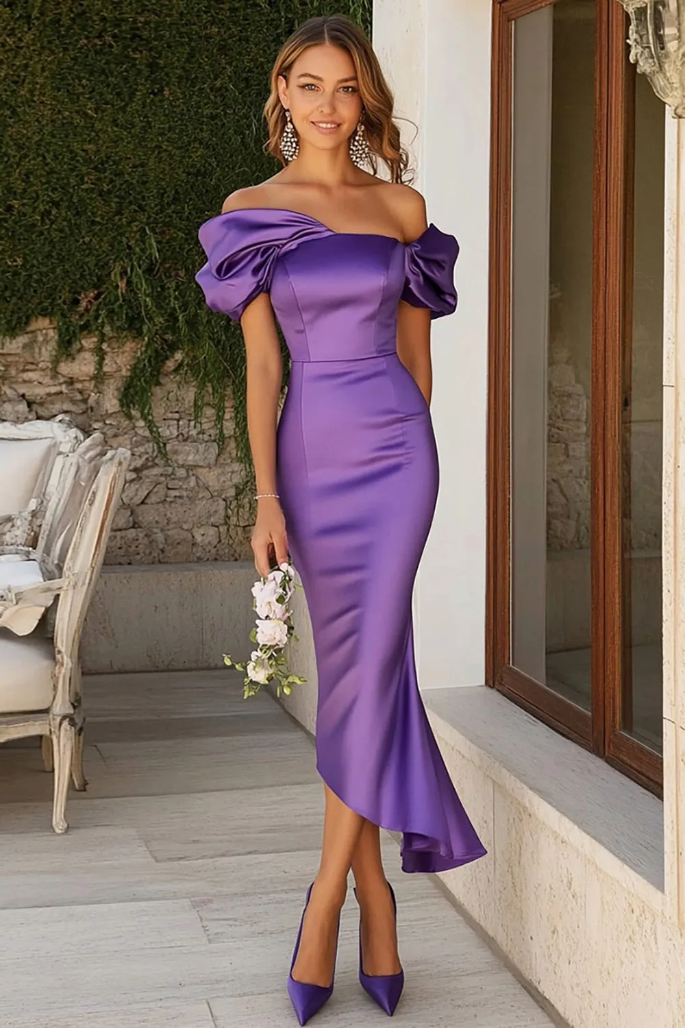 Off The Shoulder Plum Mermaid Satin Wedding Guest Dress sold by Zapaka