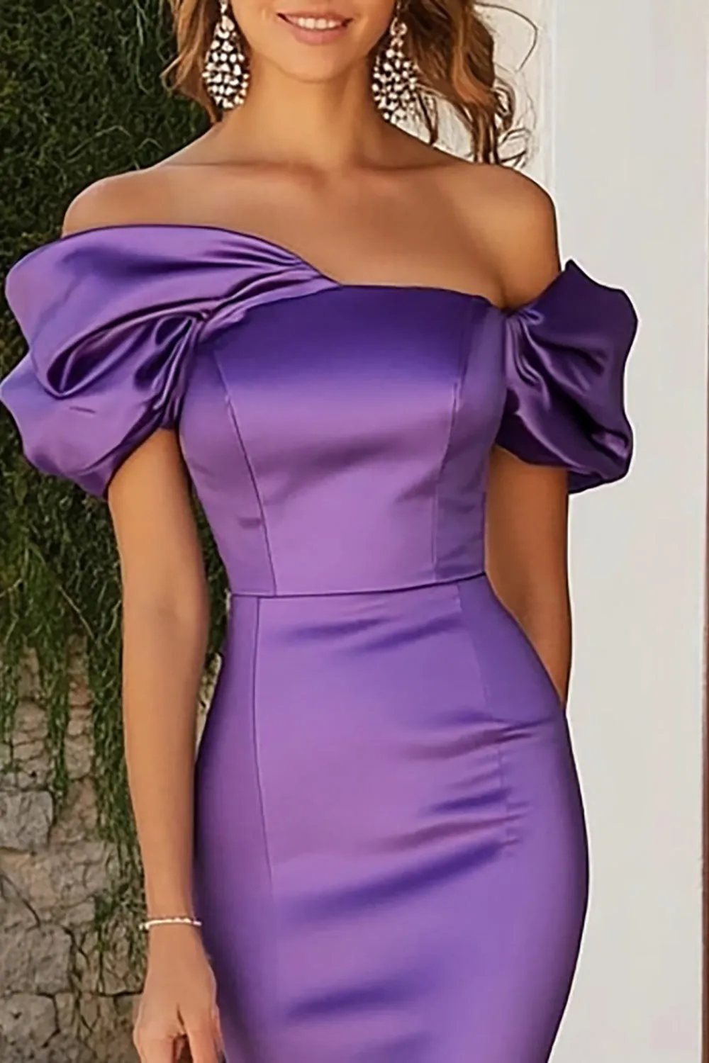 Off The Shoulder Plum Mermaid Satin Wedding Guest Dress sold by Zapaka product image thumbnail 2