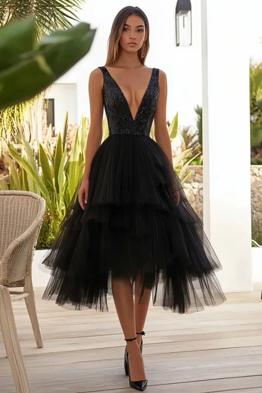 Black Sequin A Line Tulle Wedding Guest Dress sold by Zapaka