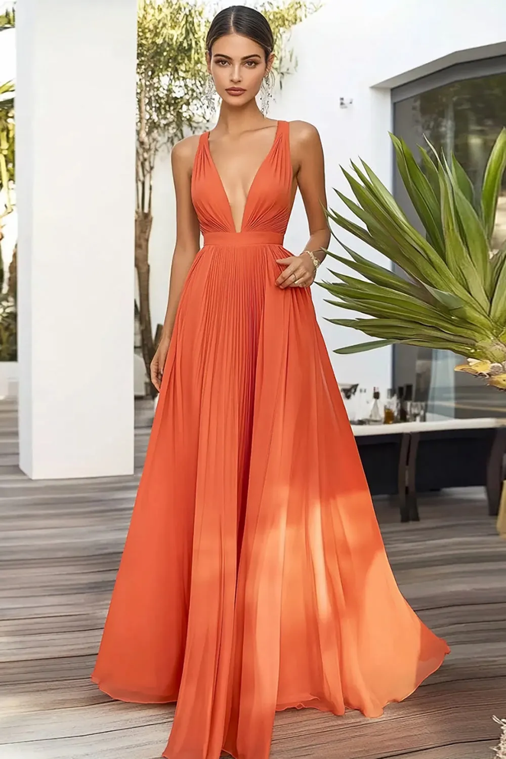 Orange A Line Pleated Wedding Guest Dress sold by Zapaka