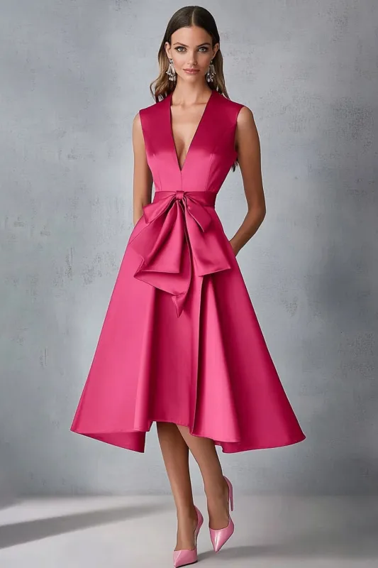 Fuchsia Satin V-Neck A Line Wedding Guest Dress sold by Zapaka