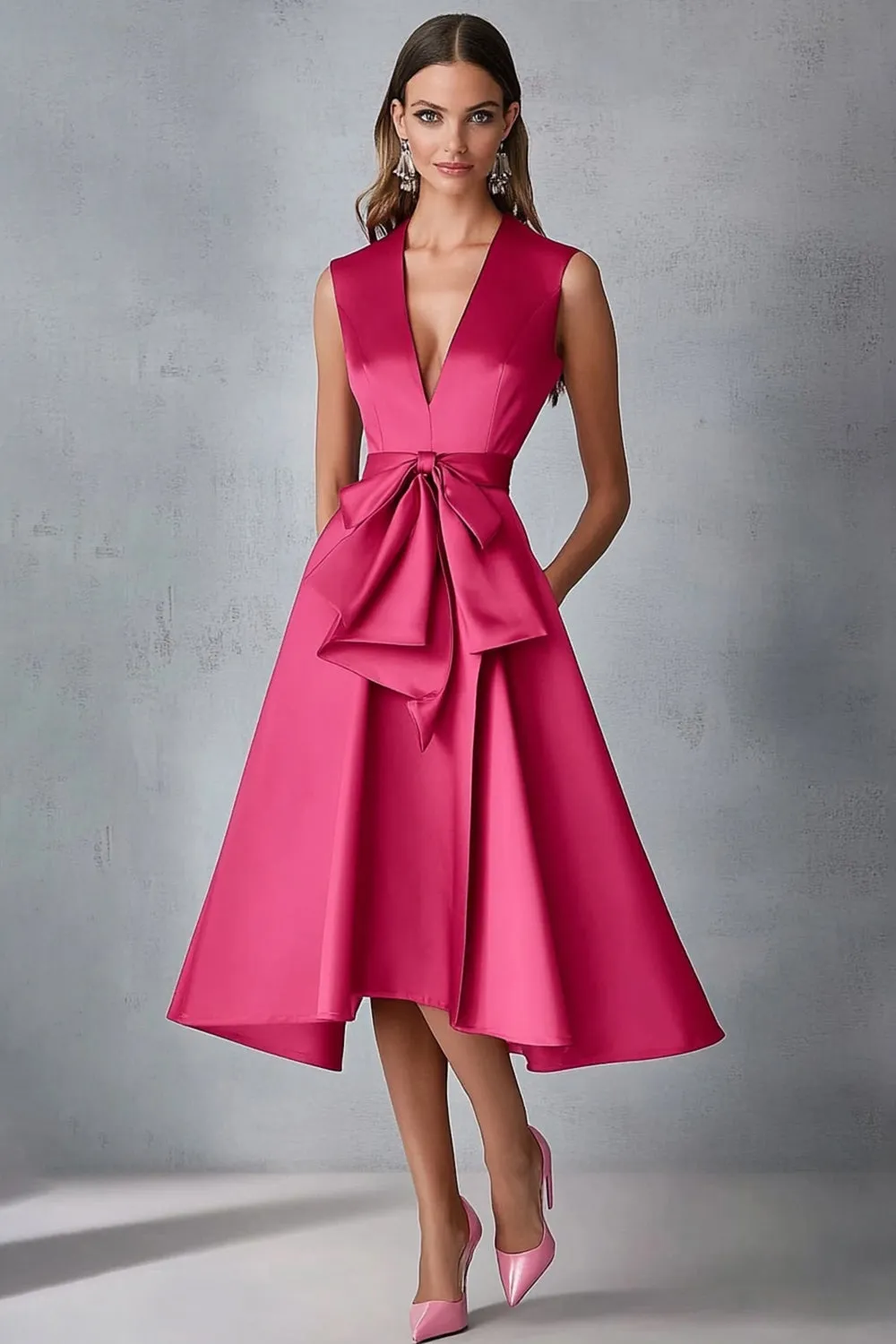 Fuchsia Satin V-Neck A Line Wedding Guest Dress sold by Zapaka