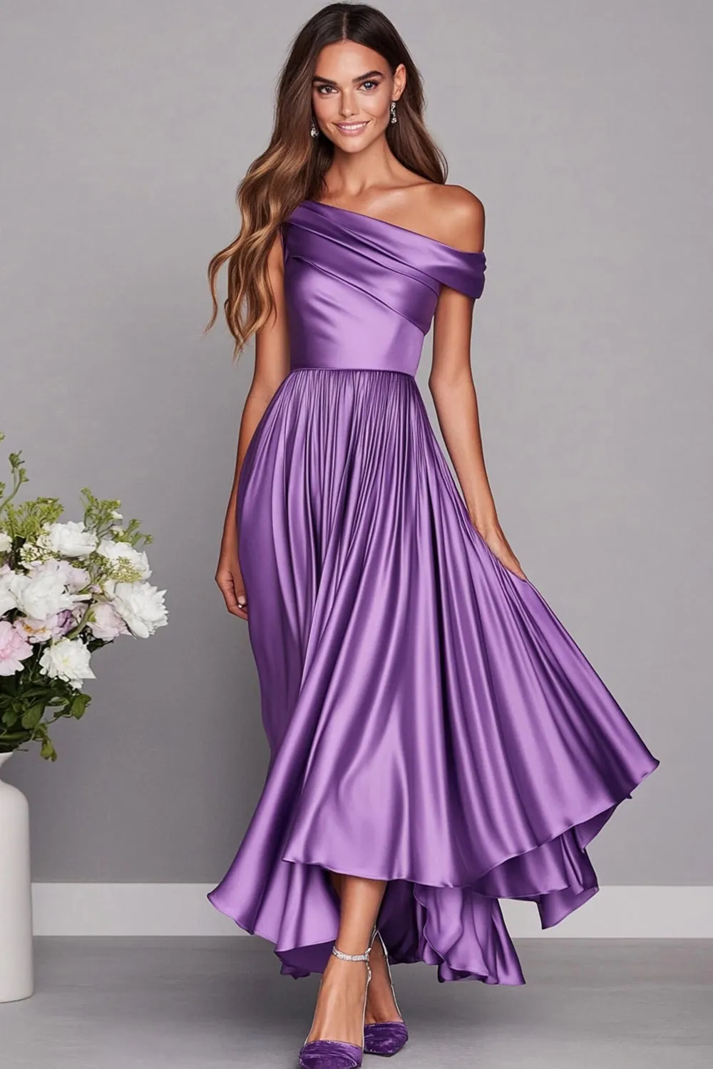 Lilac One Shoulder A Line Satin Long Wedding Guest Dress sold by Zapaka