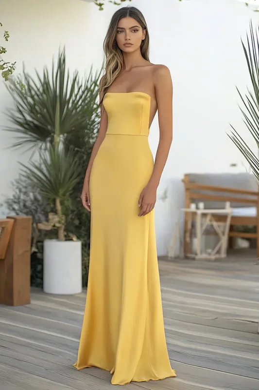 Yellow Sheath Strapless Satin Long Wedding Guest Dress sold by Zapaka