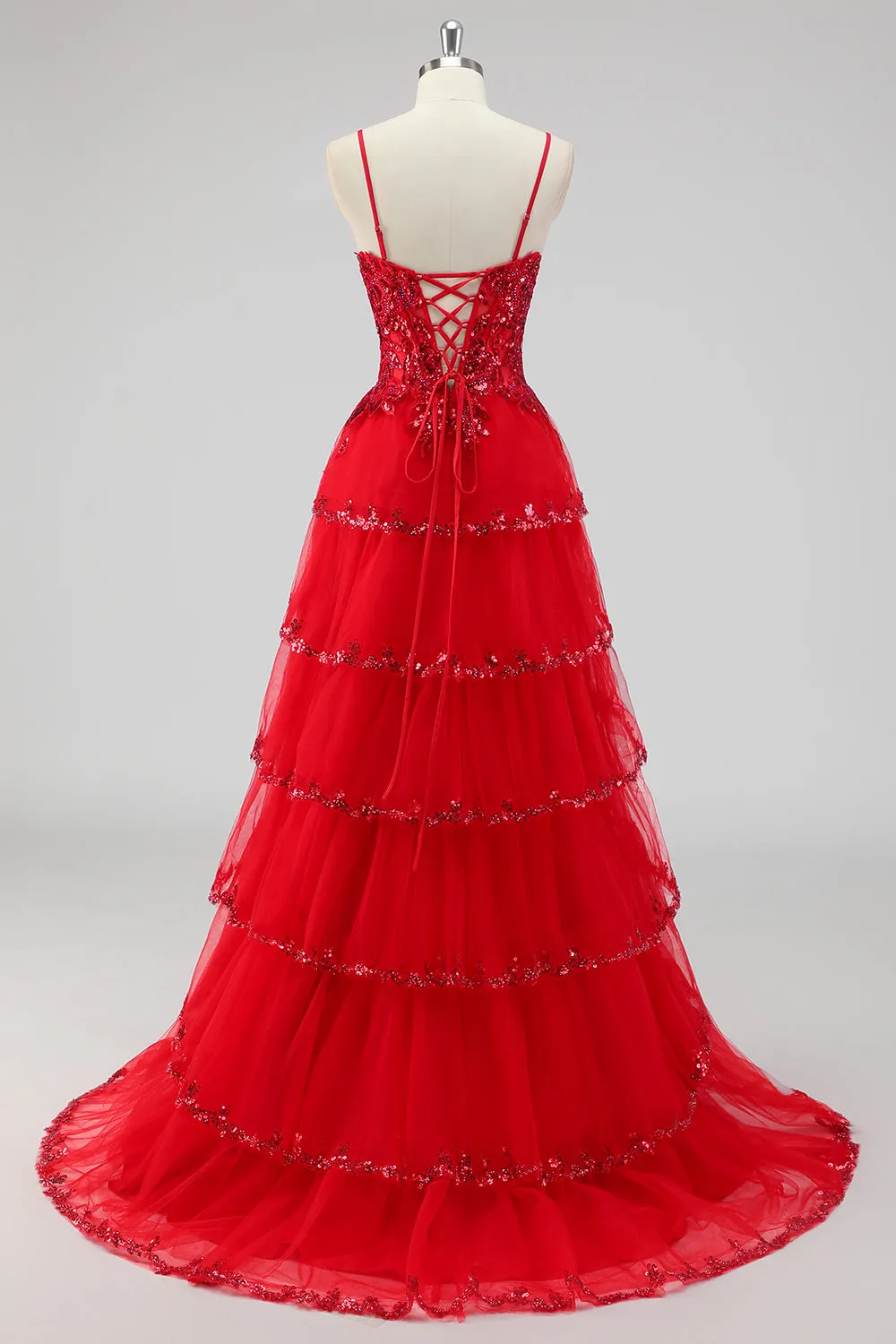 Sparkly Dark Red A Line Strapless Sequins Tiered Corset Prom Dress with Slit sold by Zapaka product image thumbnail 5