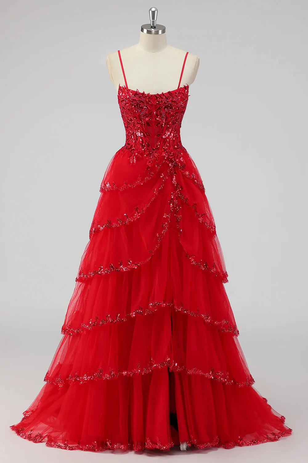 Sparkly Dark Red A Line Strapless Sequins Tiered Corset Prom Dress with Slit sold by Zapaka product image thumbnail 4