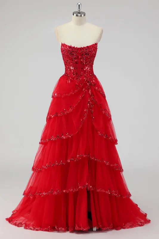 Sparkly Dark Red A Line Strapless Sequins Tiered Corset Prom Dress with Slit sold by Zapaka