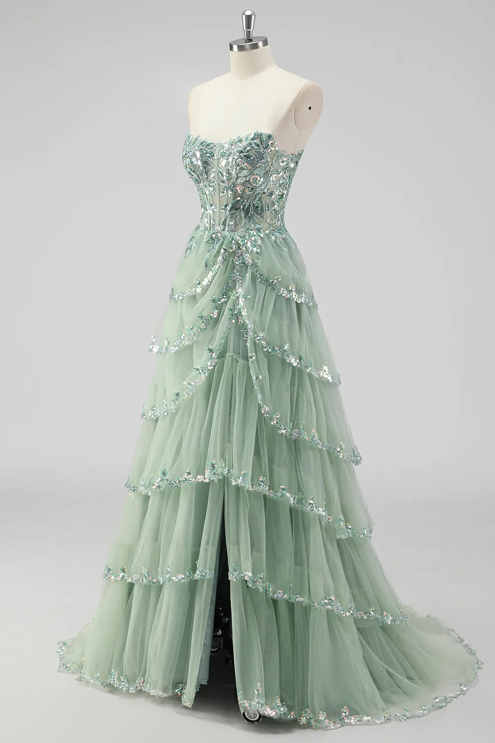 Sparkly Sage Green A Line Sequins Corset Tiered Long Prom Dress with Slit sold by Zapaka product image thumbnail 5