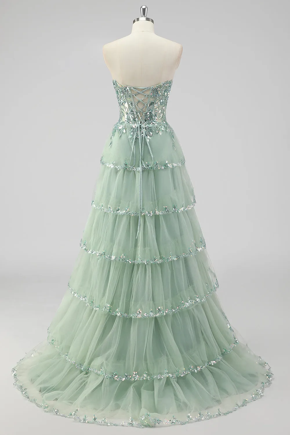 Sparkly Sage Green A Line Sequins Corset Tiered Long Prom Dress with Slit sold by Zapaka product image thumbnail 4
