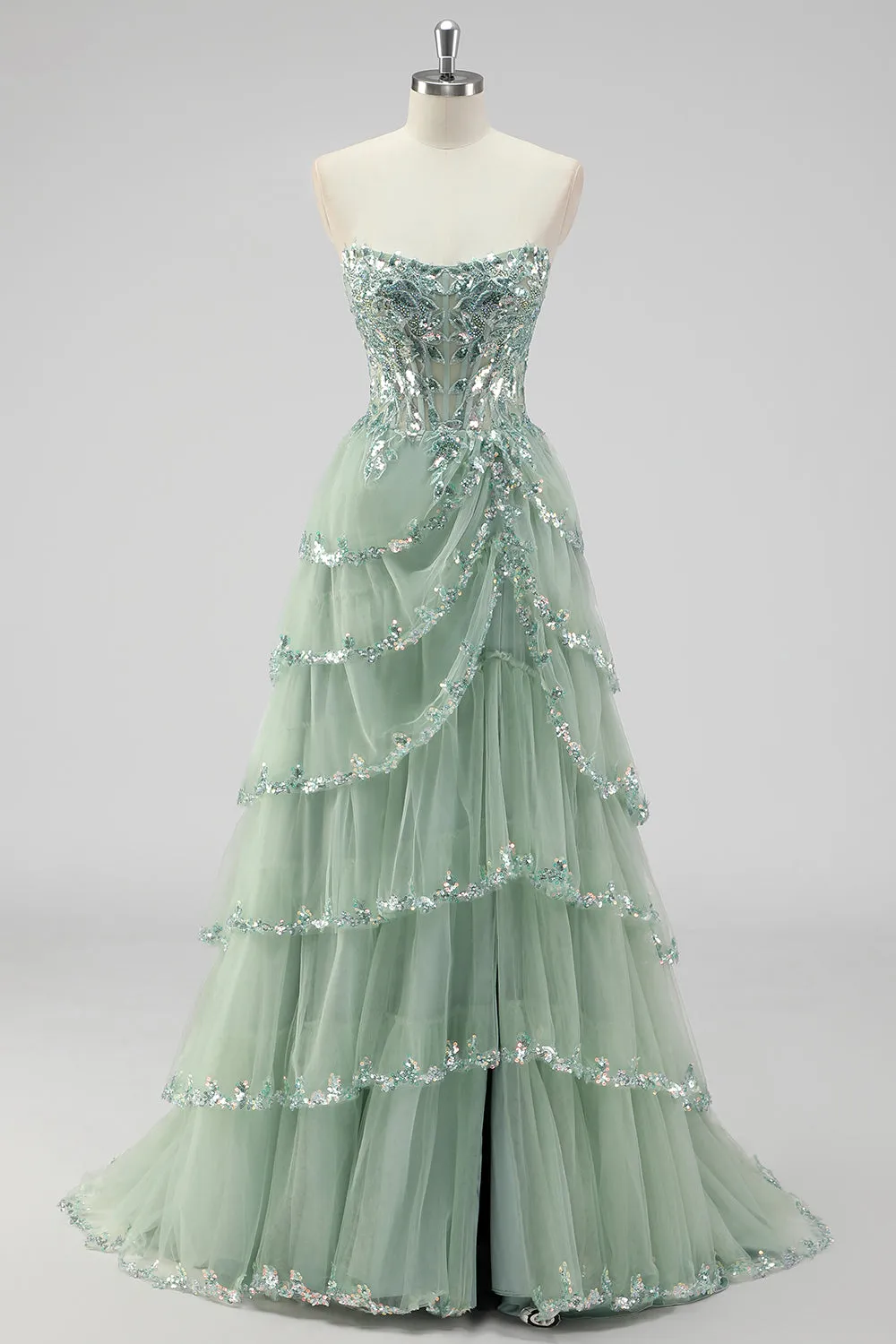 Sparkly Sage Green A Line Sequins Corset Tiered Long Prom Dress with Slit sold by Zapaka product image thumbnail 3