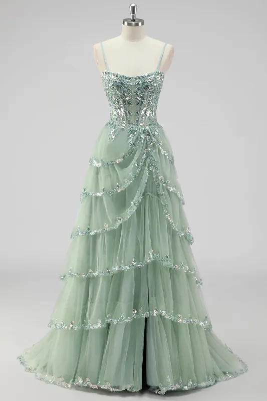 Sparkly Sage Green A Line Sequins Corset Tiered Long Prom Dress with Slit made by Zapaka