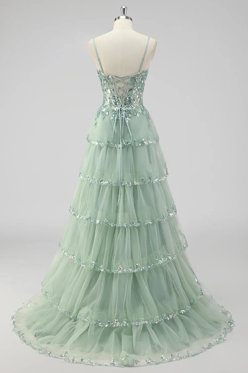 Sparkly Sage Green A Line Sequins Corset Tiered Long Prom Dress with Slit sold by Zapaka product image thumbnail 2