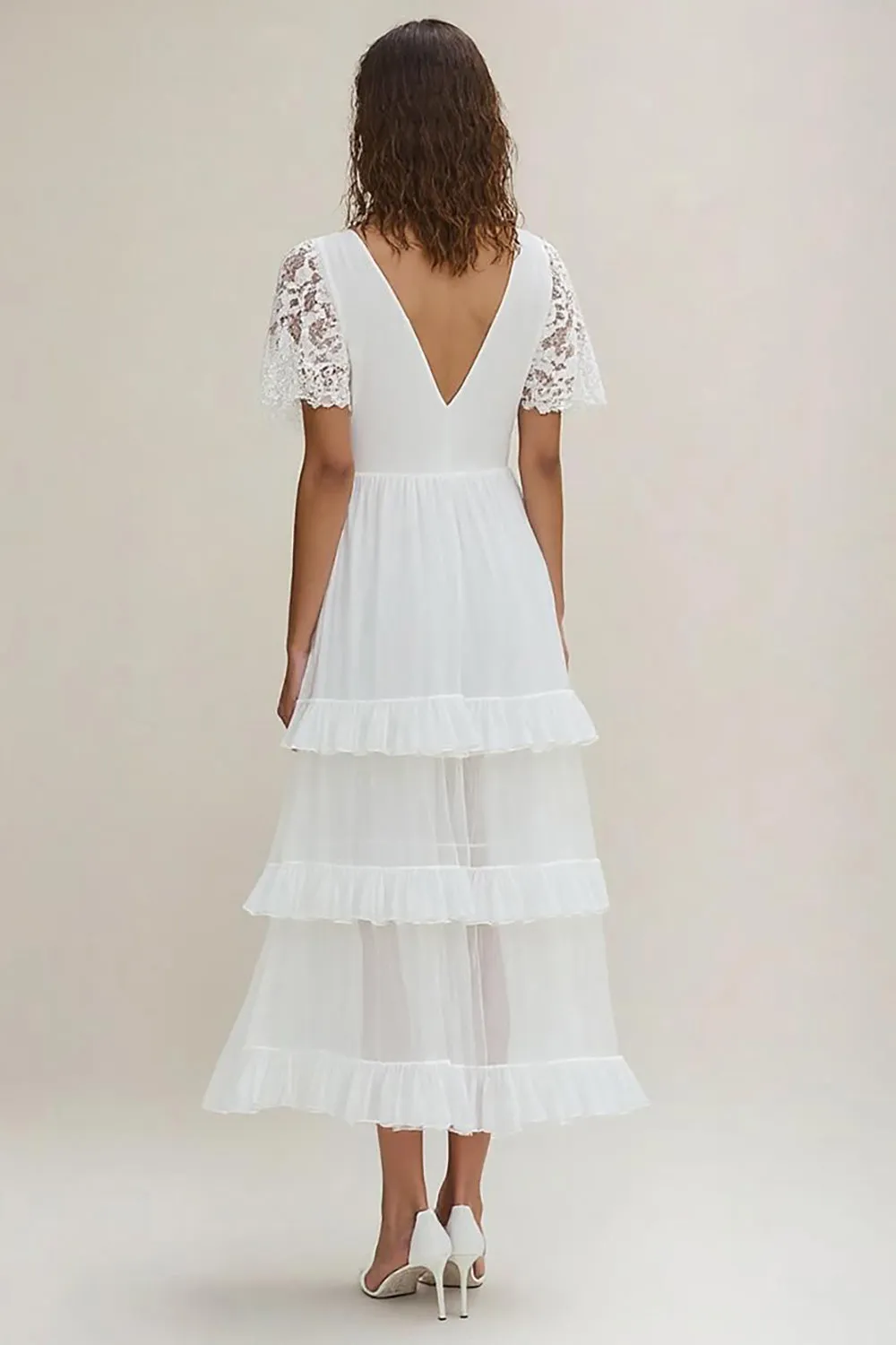 White A Line V-Neck Ruffled Graduation Dress with Short Sleeves sold by Zapaka product image thumbnail 2