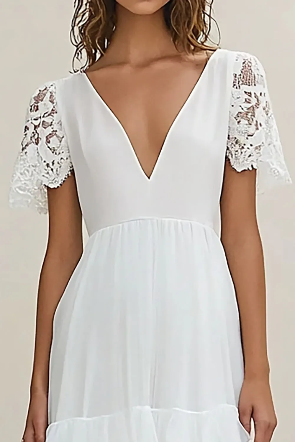 White A Line V-Neck Ruffled Graduation Dress with Short Sleeves sold by Zapaka product image thumbnail 3