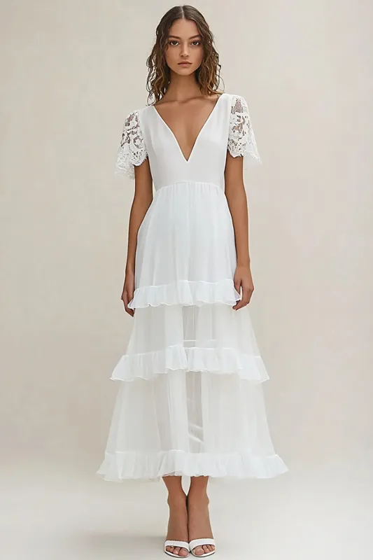 White A Line V-Neck Ruffled Graduation Dress with Short Sleeves sold by Zapaka