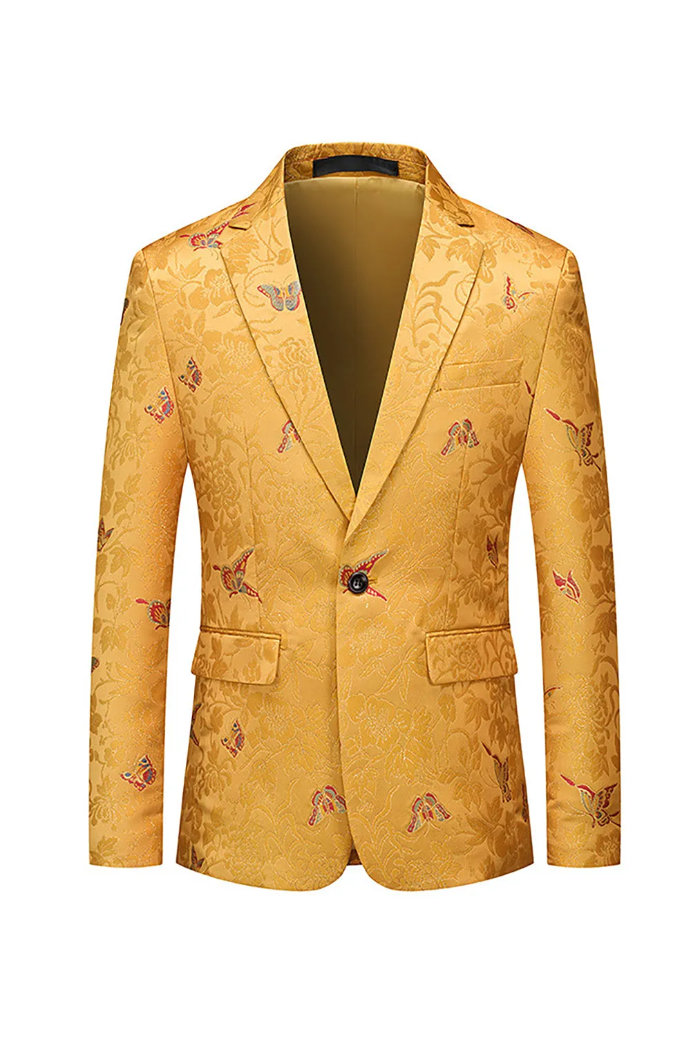Yellow Notched Lapel Floral One Button Men's Blazer sold by Zapaka