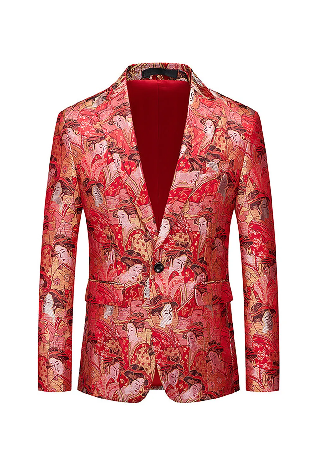 Red Floral One Button Fitted Notched Lapel Men's Blazer sold by Zapaka