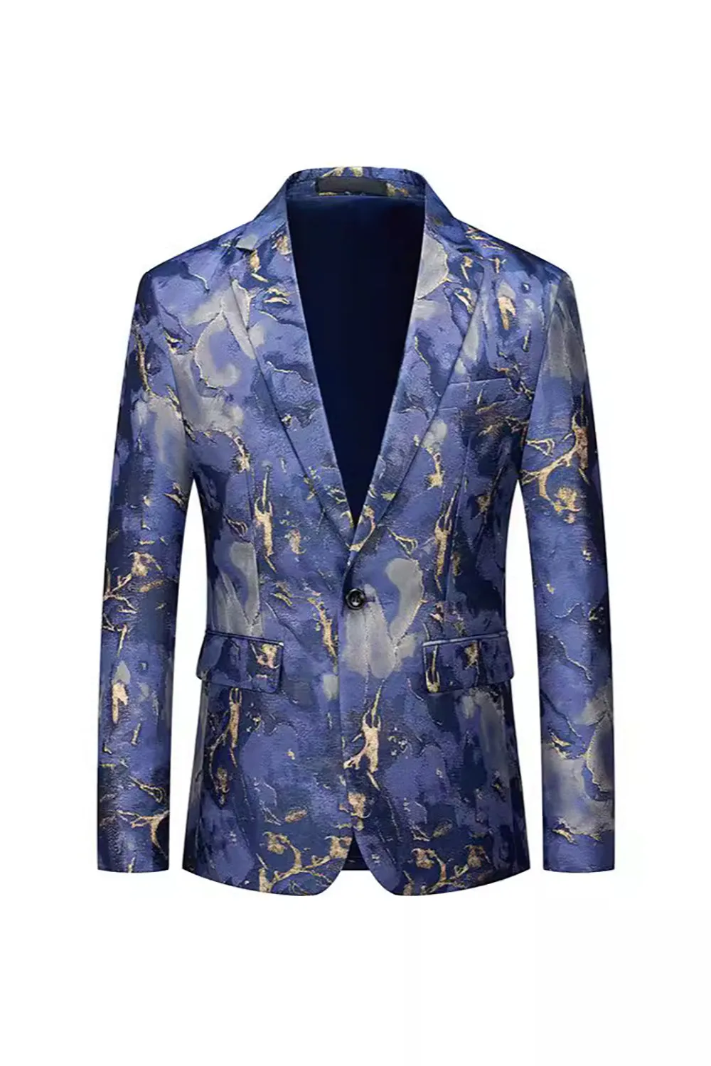 Blue Printed One Button Notched Lapel Fitted Men's Blazer sold by Zapaka