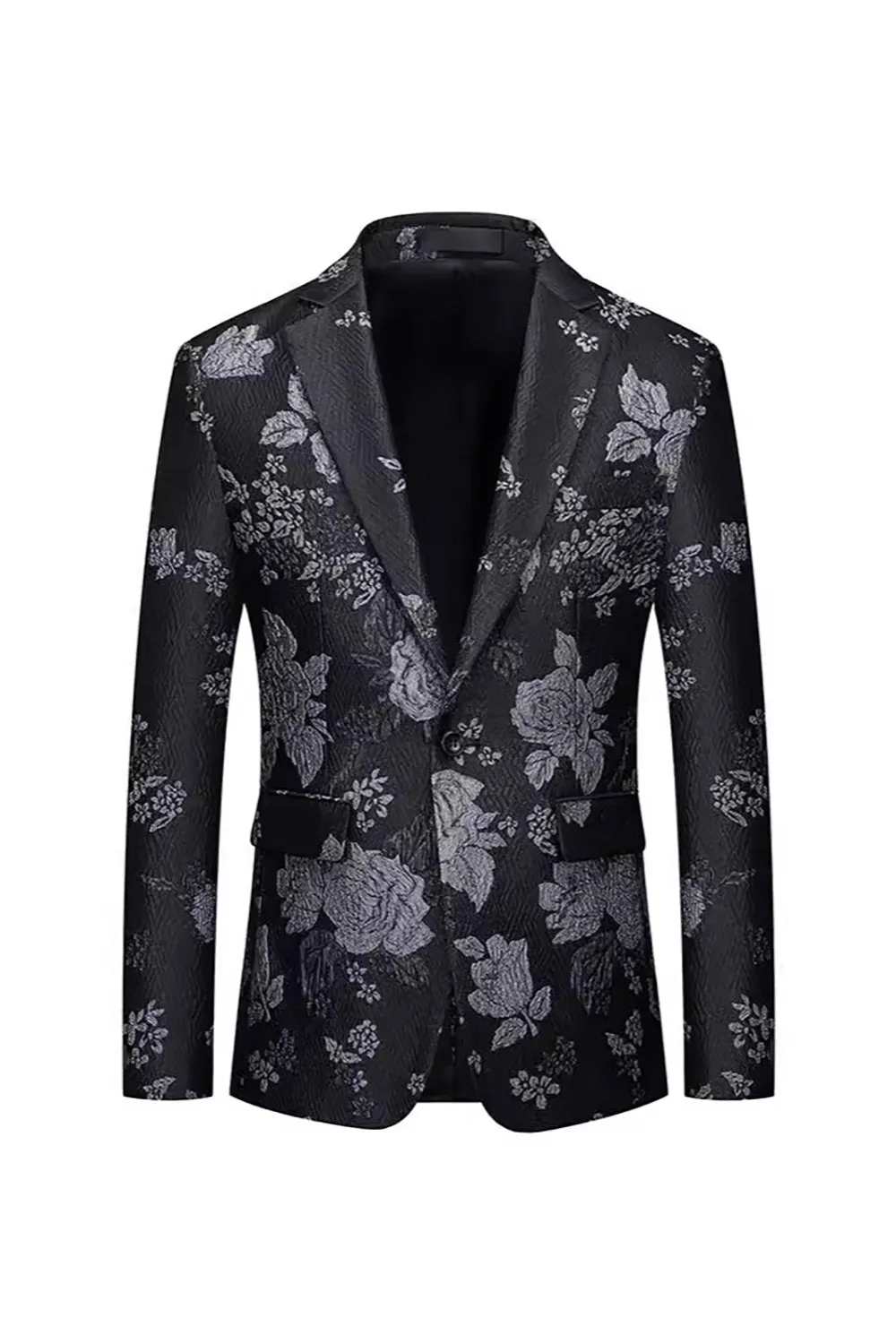 Black Floral Peak Lapel One Button Men's Blazer sold by Zapaka
