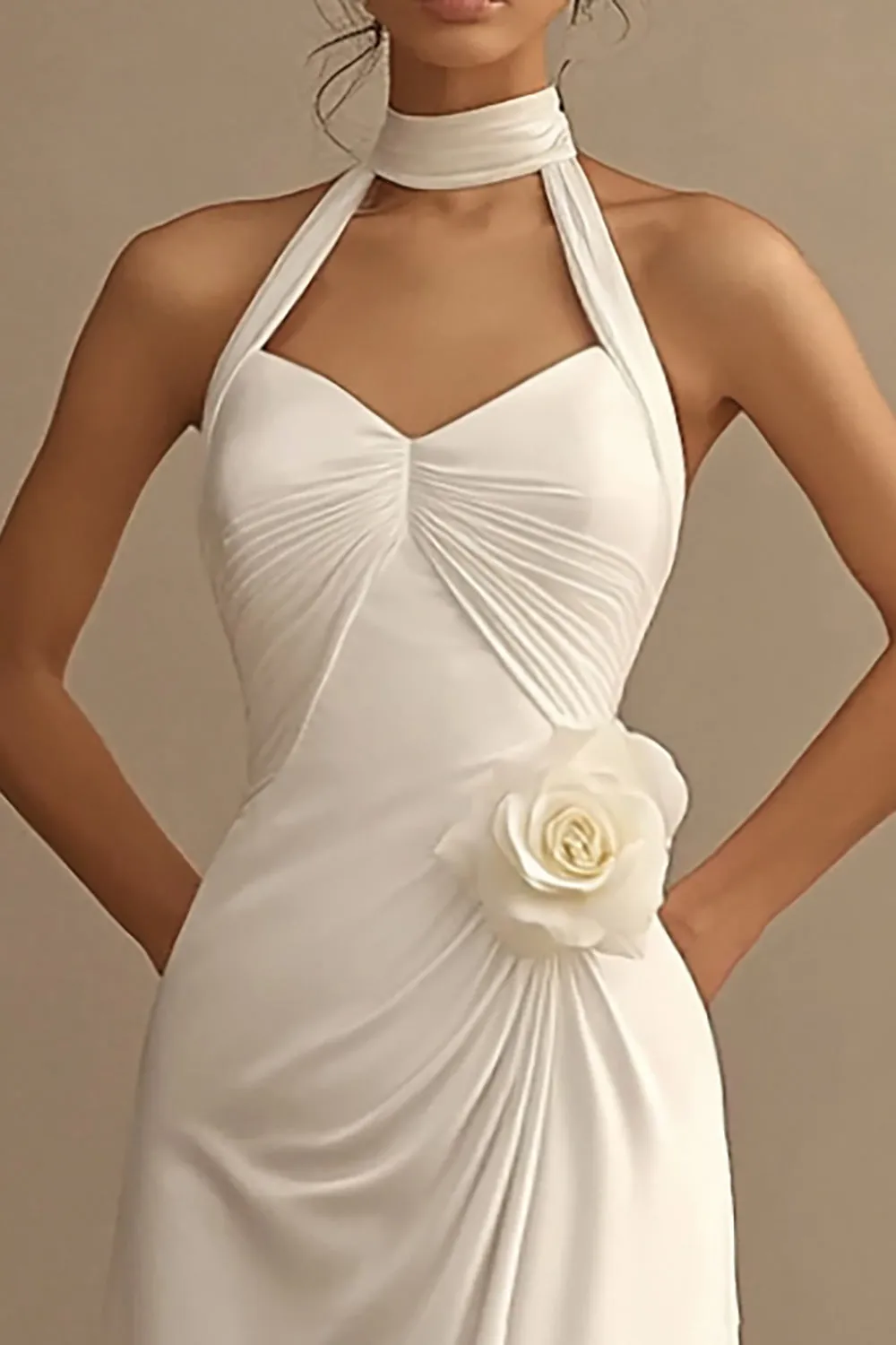 A Line White Halter Ruched Wedding Dress with 3D Flower sold by Zapaka product image thumbnail 2