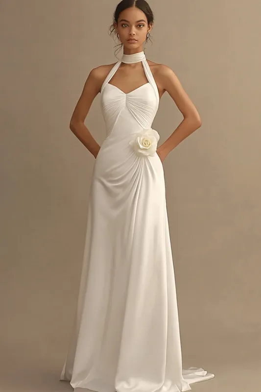 A Line White Halter Ruched Wedding Dress with 3D Flower sold by Zapaka