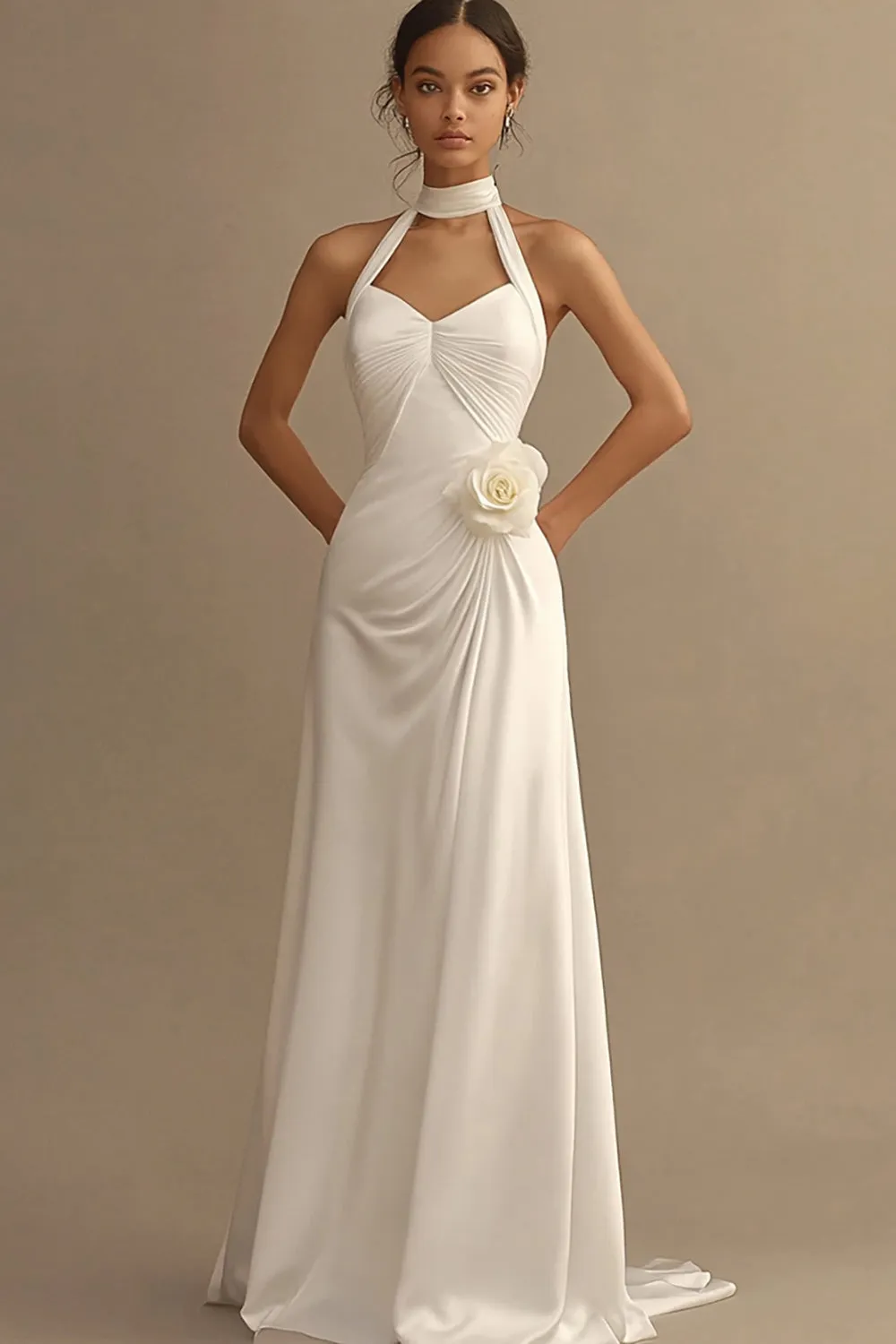 A Line White Halter Ruched Wedding Dress with 3D Flower sold by Zapaka
