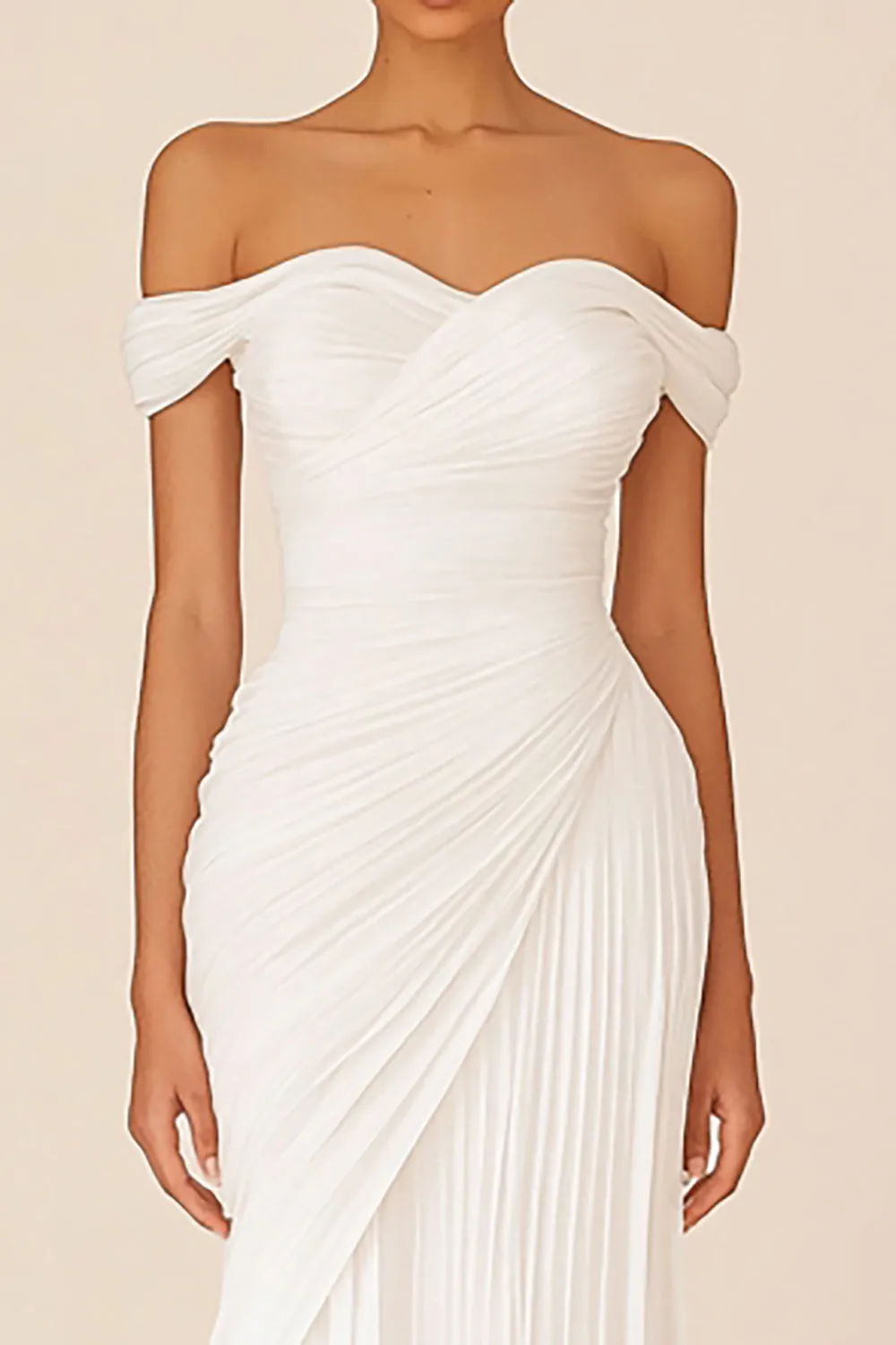 White Sheath Off the Shoulder Pleated Long Wedding Dress sold by Zapaka product image thumbnail 2
