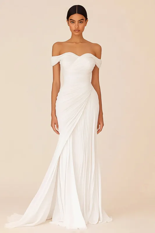 White Sheath Off the Shoulder Pleated Long Wedding Dress sold by Zapaka