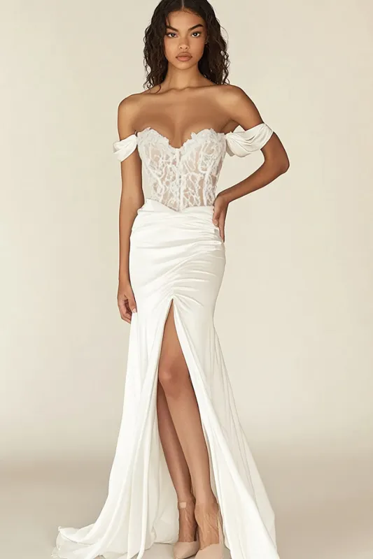White Mermaid Off the Shoulder Corset Long Wedding Dress sold by Zapaka