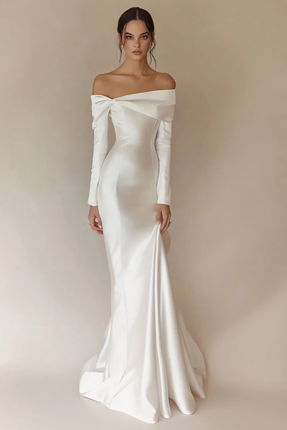 White Off The Shoulder Mermaid Wedding Dress with Long Sleeves sold by Zapaka