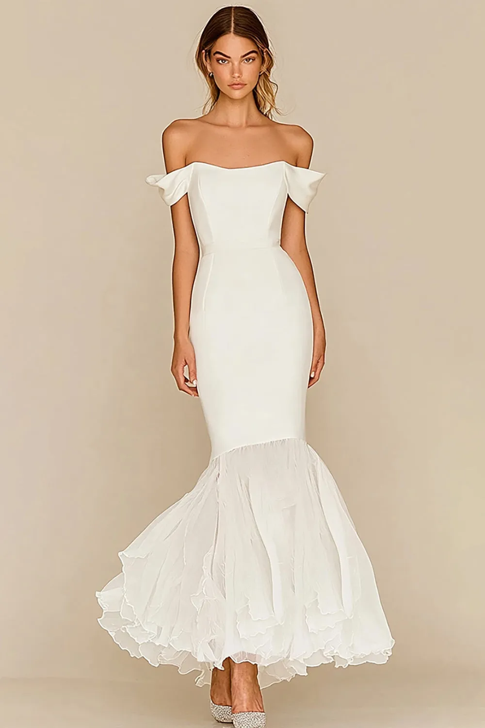 Simple White Off The Shoulder Mermaid Long Wedding Dress sold by Zapaka