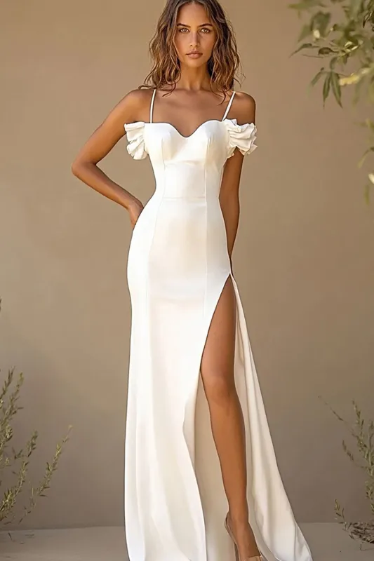 White Mermaid Spaghetti Straps Long Wedding Dress with Slit sold by Zapaka