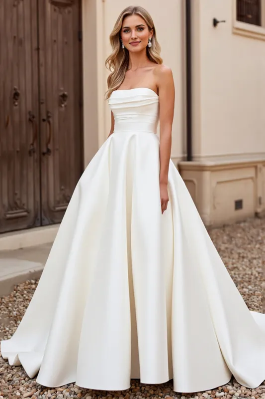 Strapless A Line Ivory Satin Ruched Wedding Dress sold by Zapaka