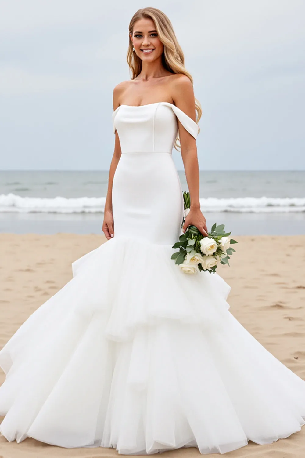 Off the Shoulder Mermaid Ivory Long Wedding Dress sold by Zapaka product image thumbnail 3