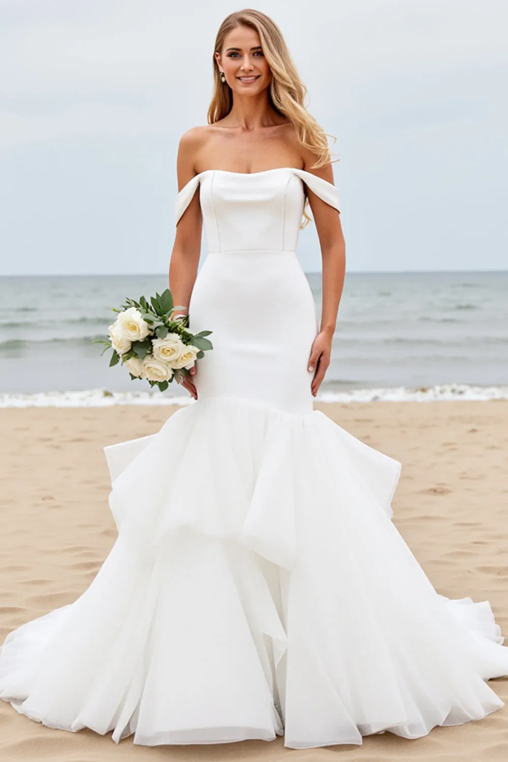 Off the Shoulder Mermaid Ivory Long Wedding Dress sold by Zapaka