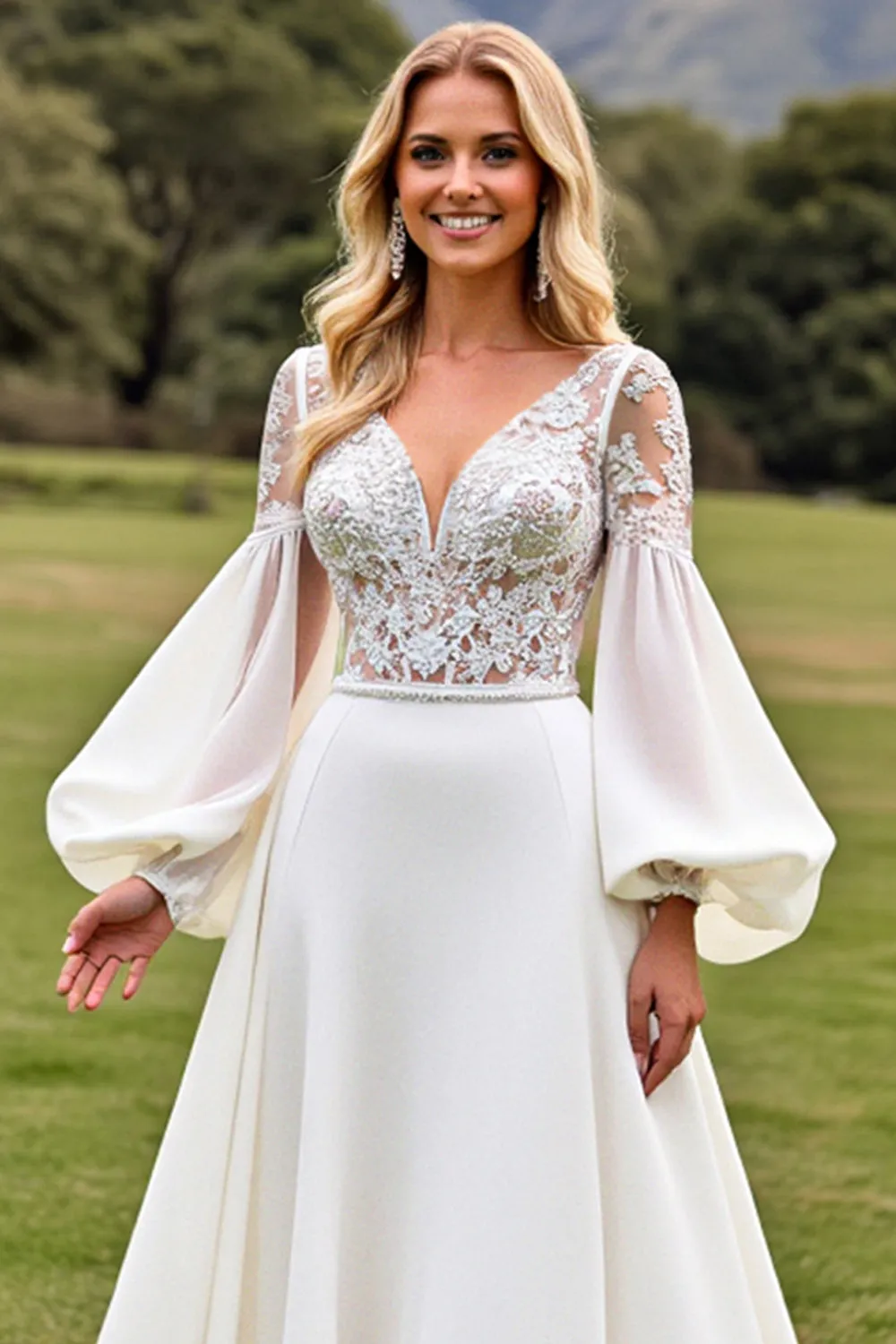 Long Sleeves A Line Ivory Wedding Dress with Appliqueds sold by Zapaka product image thumbnail 4