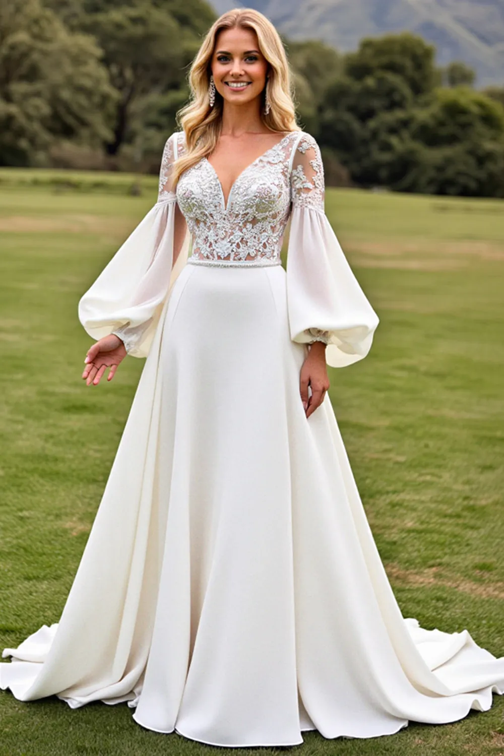 Long Sleeves A Line Ivory Wedding Dress with Appliqueds sold by Zapaka