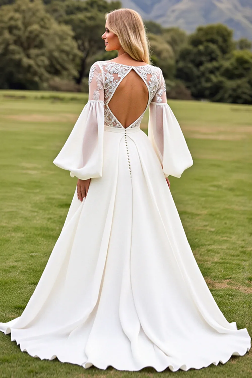 Long Sleeves A Line Ivory Wedding Dress with Appliqueds sold by Zapaka product image thumbnail 2