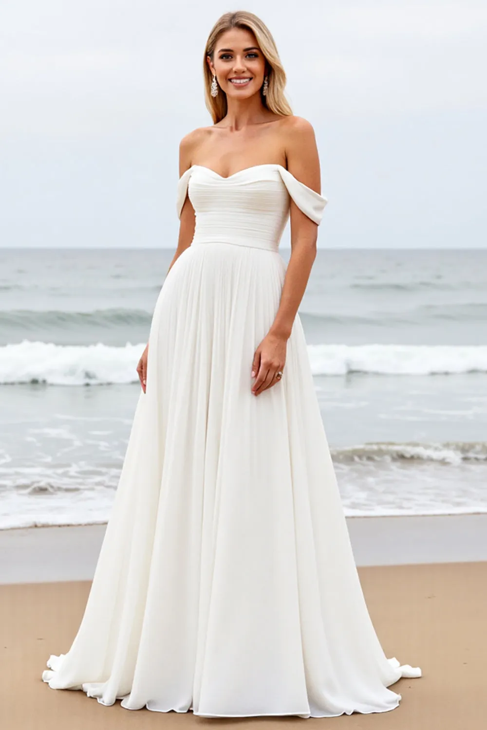Off the Shoulder Pleated A Line Ivory Wedding Dress sold by Zapaka