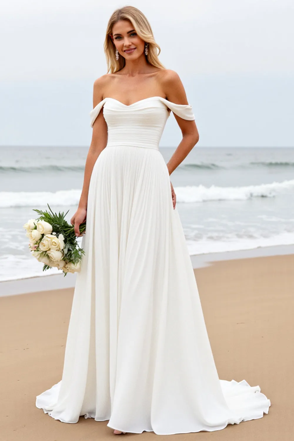 Off the Shoulder Pleated A Line Ivory Wedding Dress sold by Zapaka product image thumbnail 2