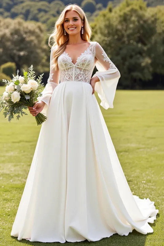 Ivory Lace Long Sleeves A Line Long Wedding Dress sold by Zapaka
